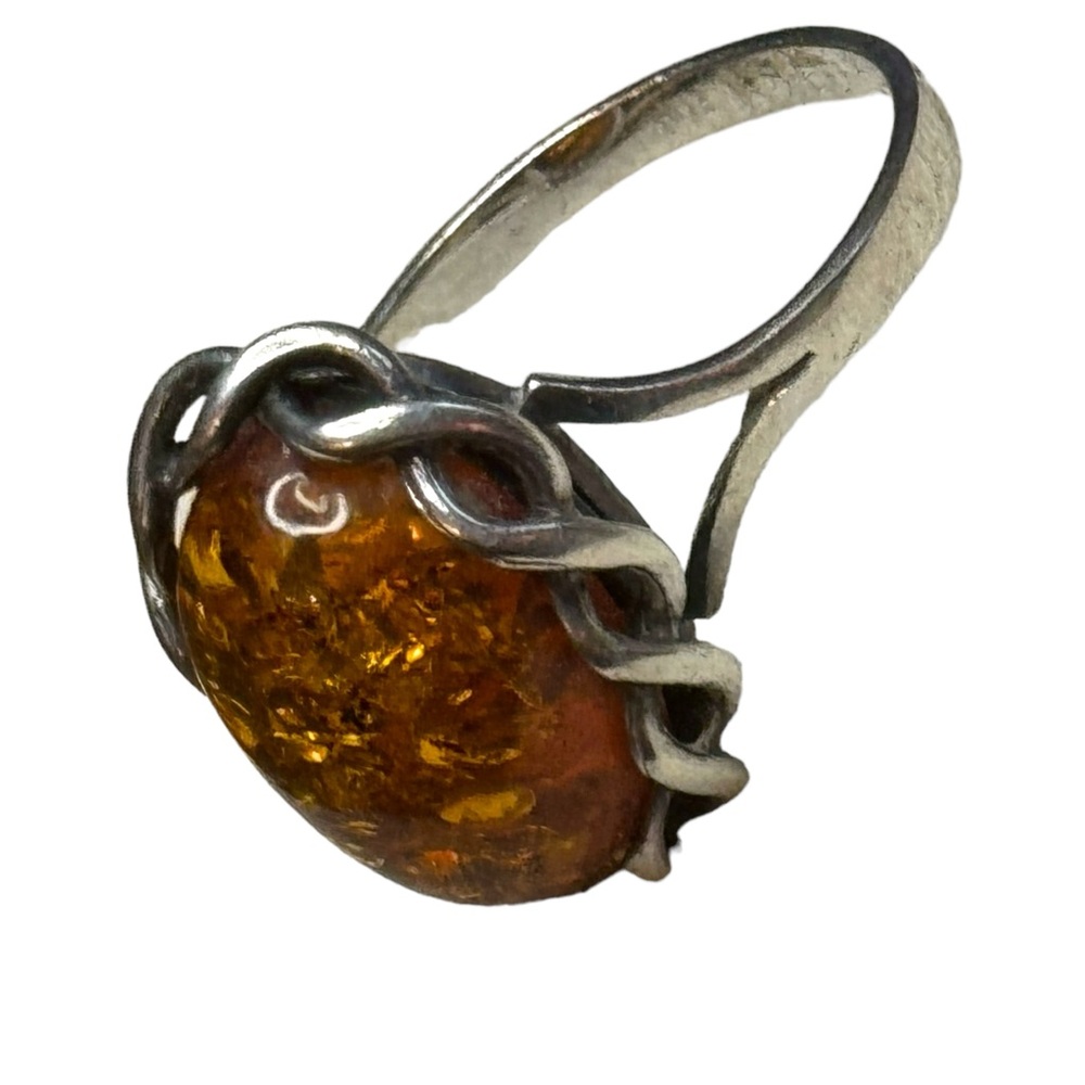 Vintage sterling silver 925 USSR Imported Fossil AMBER handmade ring - Picture 2 of 3